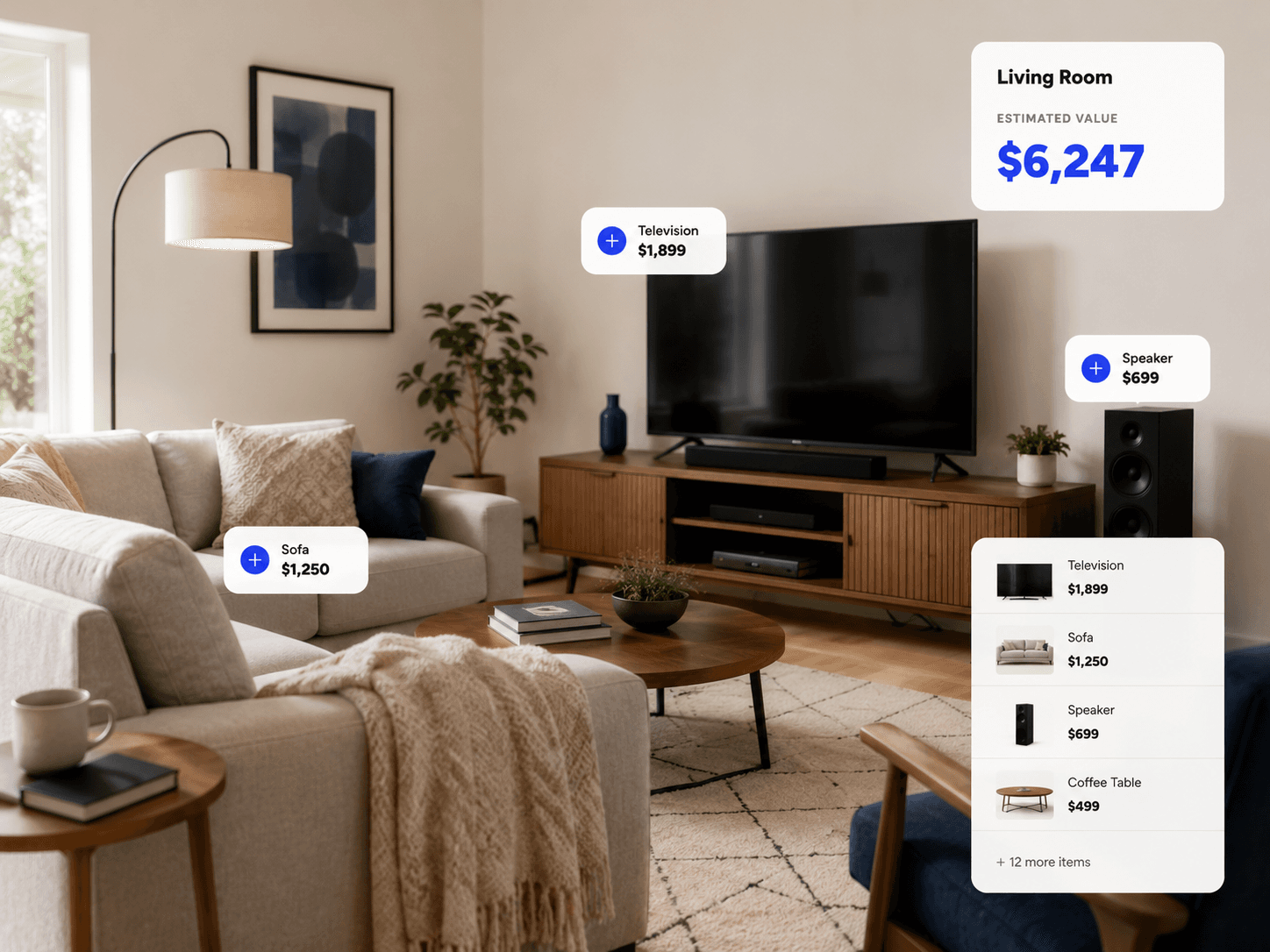 Living room inventory preview with estimated values on furniture and electronics