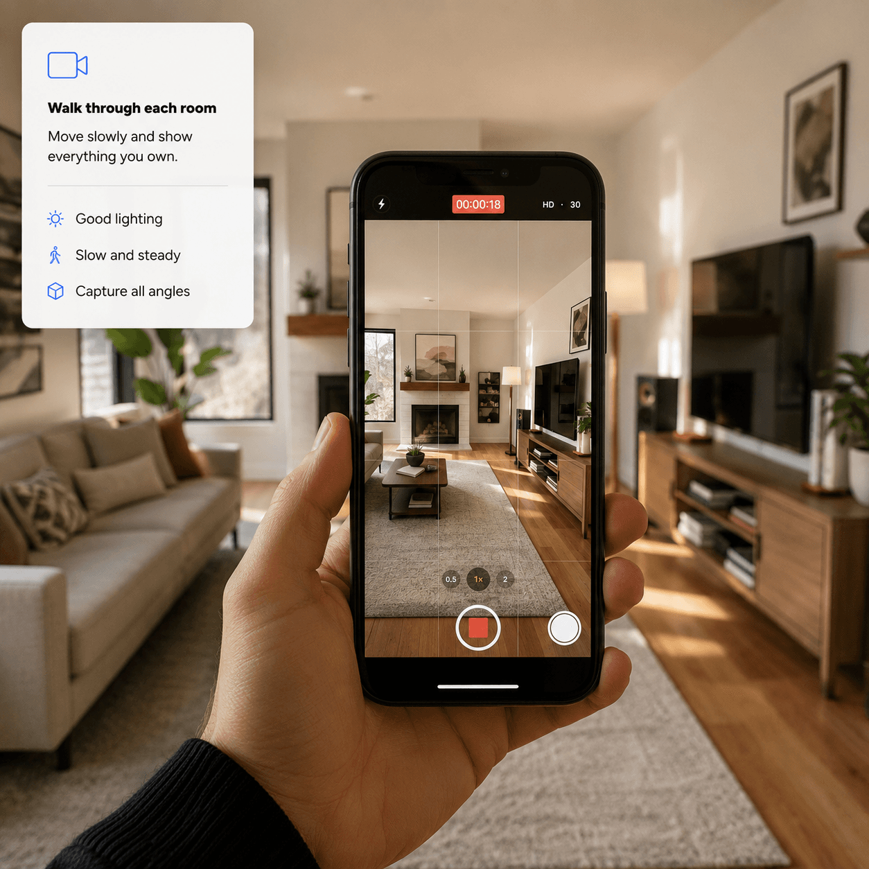 Person recording a living room walkthrough on their phone